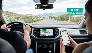 Persona planeando en su teléfono una ruta de viaje entre dos ciudades de México mientras utiliza un mapa digital.