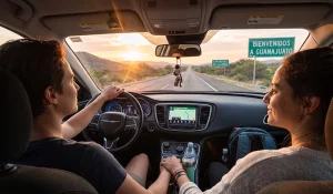  Automóvil recorriendo una carretera mexicana hacia una nueva ciudad durante un viaje por carretera al atardecer