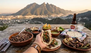 Tacos norteños en tortillas de harina sobre mesa rústica, carne asada y cabrito, con montañas de Monterrey; ruta gastronómica con Avis México 