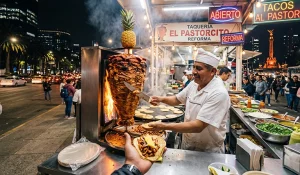 Taquería urbana nocturna con trompo al pastor, taquero preparando tortillas y ambiente reconocible de Ciudad de México, sin marcas