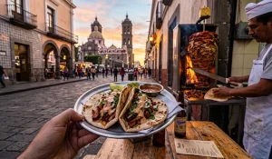 Tacos árabes servidos en pan árabe junto al trompo, arquitectura colonial poblana sutil al fondo