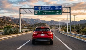 Auto moderno visto desde atrás recorriendo una carretera mexicana, señalizaciones conceptuales hacia Monterrey, Guadalajara, CDMX y Puebla, paisaje cambiante, estética de travel editorial