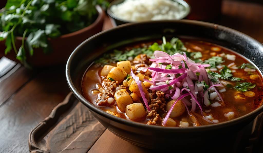 Plato de pozole en un tazón, con adornos vibrantes como rábano, lechuga y lima