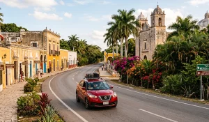 Auto recorriendo carretera de Yucatán con arquitectura colonial y vegetación tropical , beneficios de rentar en Mérida Yucatán de Avis México.