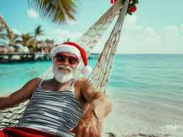 Tío Claus en la playa relajándose en su viaje con Avis