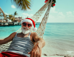 Tío Claus en la playa relajándose en su viaje con Avis